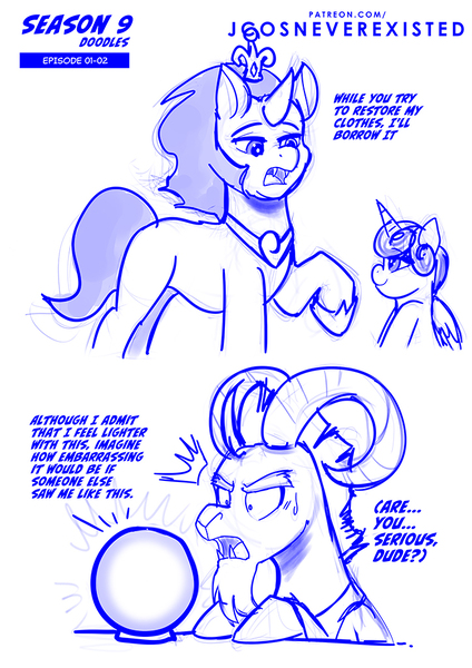 Size: 724x1024 | Tagged: safe, artist:jcosneverexisted, derpibooru import, grogar, king sombra, princess flurry heart, pony, unicorn, the beginning of the end, baby, crown, dialogue, female, image, jewelry, jpeg, male, regalia, season 9 doodles, stallion