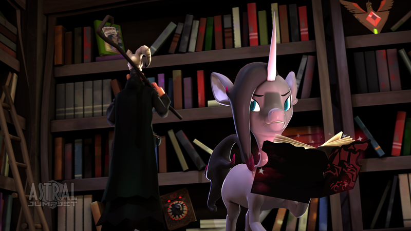 Size: 2560x1440 | Tagged: safe, artist:astraljumpjet, derpibooru import, fhtng th§ ¿nsp§kbl, oleander (tfh), classical unicorn, unicorn, them's fightin' herds, 3d, alicorn amulet, bombinomicon, book, bookshelf, cloven hooves, community related, crossover, daring do (book), female, image, leonine tail, levitation, magic, male, merasmus, png, source filmmaker, team fortress 2, telekinesis, unshorn fetlocks, watermark, wizard