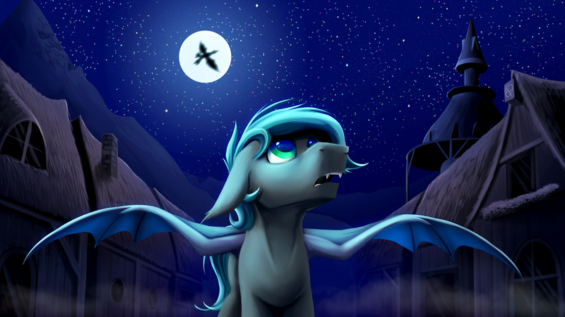 Size: 4365x2455 | Tagged: safe, artist:klarapl, derpibooru import, oc, oc:spark gap, bat pony, pony, fanfic:fine print, bat pony oc, bat wings, commission, fanfic art, full moon, illustration, image, moon, night, png, ponyville, stars, wings