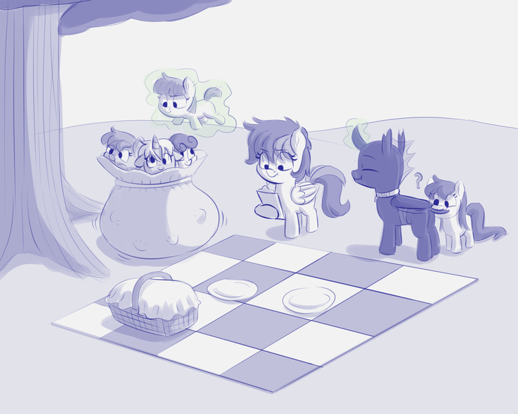 Size: 3005x2400 | Tagged: safe, artist:heretichesh, derpibooru import, oc, oc:amber, oc:eartz, oc:lil blue, pony, basket, biting, checkered, colt, cute, female, filfil, filly, image, kidnapped, magic, magic aura, male, park, picnic, picnic basket, plate, png, smol, tablecloth, tail bite, tree