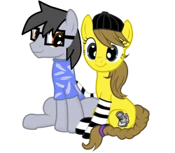 Size: 1200x1046 | Tagged: safe, artist:silver-bristle, derpibooru import, oc, oc:liz, oc:liz (lisazul9), oc:silver bristle, unofficial characters only, earth pony, pony, clothes, cutie mark, derpibooru exclusive, female, glasses, hat, image, male, mare, png, shirt, simple background, sitting, smiling, socks, stallion, t-shirt, transparent background