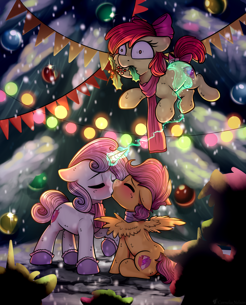 Size: 2253x2801 | Tagged: safe, artist:cornelia_nelson, derpibooru import, apple bloom, scootaloo, sweetie belle, pony, boots, christmas, christmas lights, christmas tree, clothes, cutie mark crusaders, derpibooru exclusive, female, high res, holiday, holly, holly mistaken for mistletoe, image, kissing, lesbian, levitation, magic, mouth hold, outdoors, png, public, romantic, scarf, scootabelle, shipping, shoes, shrunken pupils, snow, spread wings, telekinesis, tree, wings