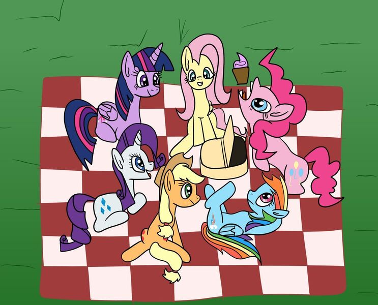 Size: 1280x1033 | Tagged: safe, artist:platinumdrop, derpibooru import, applejack, fluttershy, pinkie pie, rainbow dash, rarity, twilight sparkle, twilight sparkle (alicorn), alicorn, pony, female, image, jpeg, mane six, picnic, request