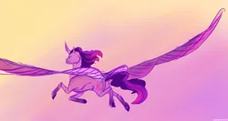 Size: 1198x639 | Tagged: safe, artist:iceofwaterflock, derpibooru import, twilight sparkle, twilight sparkle (alicorn), alicorn, pony, curved horn, flying, horn, image, png, solo