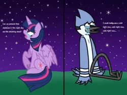 Size: 1200x899 | Tagged: safe, artist:froyo15sugarblast, derpibooru import, twilight sparkle, twilight sparkle (alicorn), alicorn, bird, blue jay, pony, airplanes (song), crossover, crossover shipping, crying, female, image, male, meme, mordecai, mordetwi, night, night sky, open mouth, png, redraw mordetwi meme, regular show, sad, shipping, sky, song reference, straight