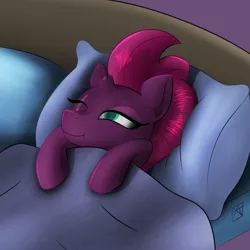 Size: 2480x2480 | Tagged: safe, artist:naen, derpibooru import, fizzlepop berrytwist, tempest shadow, pony, unicorn, bedsheets, comfy, cute, female, image, mare, one eye closed, pillow, png, sleepy, solo, tempestbetes