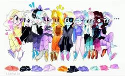 Size: 3416x2089 | Tagged: safe, artist:liaaqila, derpibooru import, oc, oc:dazzling drizzle, oc:deep dive, oc:heart shot, oc:luno presto, oc:nitelite flite, oc:oni ice, oc:scarlet diamond, oc:shadow moon (spy), oc:soaring sunlight, oc:techno dancer, unofficial characters only, equestria girls, ..., armor, barefoot, bodysuit, bow, clothes, coat, crying, cyber-questria, discarded clothing, equestria girls-ified, eyepatch, eyes closed, feather, feet, female, fetish, foot fetish, gloves, hair bow, headphones, headset, heart, image, jpeg, laughing, mask, multicolored hair, open mouth, rainbow hair, simple background, socks, soles, spy, spy suit, sunglasses, tears of laughter, tickle torture, tickling, traditional art, wall of tags, white background