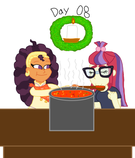 Size: 1280x1504 | Tagged: safe, artist:horroraceman93, derpibooru import, moondancer, saffron masala, equestria girls, equestria girls-ified, female, food, gumbo, image, lesbian, moonmasala, png, shipping, simple background, transparent background