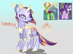 Size: 2241x1668 | Tagged: safe, artist:caramelbolt24, derpibooru import, screencap, starlight glimmer, thorax, oc, oc:starblaze, changedling, changeling, hybrid, pony, unicorn, the crystalling, to where and back again, abstract background, antlers, changedling oc, changeling oc, ear fluff, female, horn, image, interspecies offspring, jpeg, king thorax, looking back, male, mare, offspring, parent:starlight glimmer, parent:thorax, screencap reference, signature, smiling