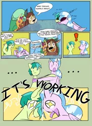 Size: 947x1300 | Tagged: safe, artist:skunkstripe, derpibooru import, sandbar, silverstream, smolder, yona, dragon, earth pony, hippogriff, pony, yak, ..., comic, dialogue, drool, dumb yung-six comics, exclamation point, headbutt, image, implied shipping, literal, png, silly, silly pony, sleeping, starry eyes, thinking, wingding eyes, word balloon