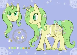 Size: 1280x904 | Tagged: safe, artist:foxhatart, derpibooru import, oc, oc:daisy chain, pony, unicorn, apron, bow, clothes, female, flower, image, jpeg, mare, reference sheet, solo, tail bow