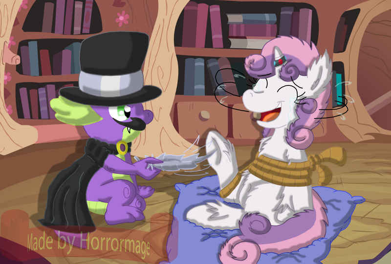 Size: 3206x2169 | Tagged: safe, artist:horrormage, derpibooru import, spike, sweetie belle, dragon, pony, unicorn, abuse, bondage, cape, chest fluff, clothes, crying, cushion, dastardly spike, duo, ear fluff, eyes closed, feather, female, filly, fluffy, golden oaks library, head shake, hoof tickling, horn, horn ring, image, jewelry, jpeg, laughing, library, magic suppression, male, ring, sweetiebuse, tears of laughter, tickle torture, tickling, tied up, underhoof, unshorn fetlocks