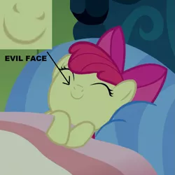 Size: 901x901 | Tagged: safe, derpibooru import, edit, edited screencap, screencap, apple bloom, earth pony, pony, bloom and gloom, adorabloom, bed, cropped, cute, eyes closed, female, filly, image, mimir, png, sleeping, smiling, solo