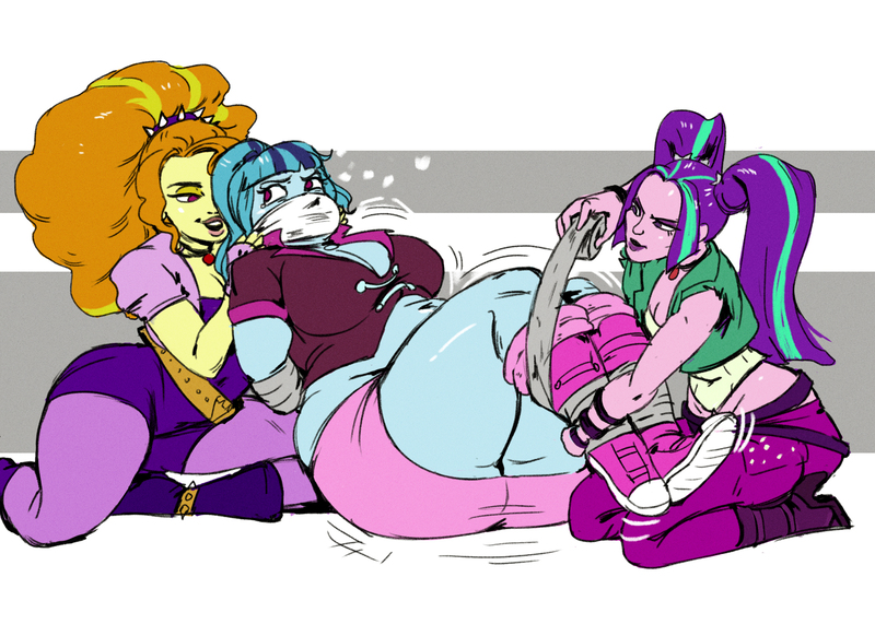 Size: 2100x1500 | Tagged: suggestive, artist:bimbo sparkles, derpibooru import, adagio dazzle, aria blaze, sonata dusk, equestria girls, ass, bbw, big breasts, bondage, bound and gagged, breasts, busty sonata dusk, butt, chubby, cleavage, cloth gag, commission, fat, female, gag, image, jpeg, legs, otn gag, over the nose gag, plump, sonata donk, sonatubby, tape, tape bondage, the dazzlings, thick, thighs, thunder thighs, tied up, trio, trio female