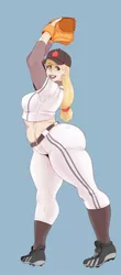 Size: 620x1415 | Tagged: suggestive, artist:sundown, derpibooru import, applejack, human, applebucking thighs, bare midriff, baseball, baseball cap, baseball glove, breasts, busty applejack, cap, freckles, gap teeth, happy, hat, humanized, image, jpeg, solo, sports, the ass was fat, thighs, thunder thighs