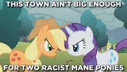 Size: 640x360 | Tagged: safe, derpibooru import, edit, edited screencap, editor:tngjstn, screencap, applejack, rarity, earth pony, pony, unicorn, look before you sleep, applejack's hat, bigotjack, caption, cloud, cloudy, cowboy hat, earth pony master race, female, hat, image, image macro, mare, meme, op is a duck, op is trying to start shit, png, racism, racist barn, racisty, rarity is a racist bitch, rivalry, stare, text, unicorn master race