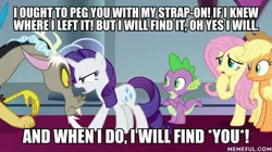 Size: 600x337 | Tagged: suggestive, derpibooru import, edit, edited screencap, screencap, applejack, discord, fluttershy, rarity, spike, dragon, the ending of the end, caption, female, image, image macro, implied pegging, jpeg, text, winged spike