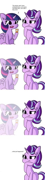 Size: 732x2928 | Tagged: safe, artist:tjpones, derpibooru import, edit, starlight glimmer, twilight sparkle, twilight sparkle (alicorn), alicorn, pony, unicorn, confused, fading, image, jpeg, medication, meme, my homie jerome, pills, ponified meme, schizophrenia, trixie's pills, what a twist