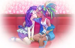 Size: 2398x1530 | Tagged: safe, artist:raridashdoodles, derpibooru import, kotobukiya, rainbow dash, rarity, human, anime, bare shoulders, female, humanized, image, jpeg, kissing, kotobukiya rainbow dash, kotobukiya rarity, lesbian, raridash, rarity peplum dress, shipping, sleeveless, strapless