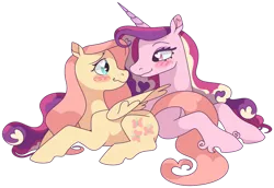 Size: 1280x881 | Tagged: safe, artist:atlantropa, derpibooru import, fluttershy, princess cadance, alicorn, pegasus, pony, blush sticker, blushing, female, flutterdance, heart eyes, image, infidelity, lesbian, looking at each other, lying down, mare, png, shipping, simple background, transparent background, wingding eyes