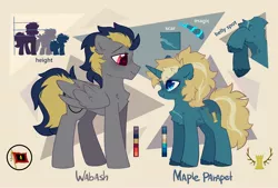 Size: 3400x2300 | Tagged: safe, artist:mirtash, derpibooru import, oc, oc:maple parapet, oc:wabash, unofficial characters only, pegasus, pony, unicorn, explicit source, image, jpeg, reference sheet