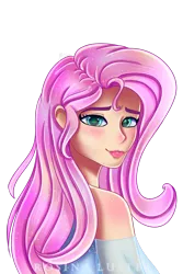 Size: 1920x2880 | Tagged: safe, artist:melanyoprisdraws, derpibooru import, fluttershy, human, bare shoulders, bedroom eyes, blushing, clothes, cute, dress, female, humanized, image, lipstick, looking at you, makeup, png, shyabetes, simple background, solo, transparent background