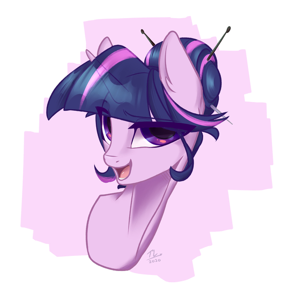 Size: 5250x5250 | Tagged: safe, artist:alechan, derpibooru import, twilight sparkle, pony, alternate hairstyle, bun, bust, dimensional shift, ear fluff, eye clipping through hair, eyebrows visible through hair, female, hair bun, image, jpeg, lidded eyes, looking at you, mare, portrait, raised eyebrow, simple background, solo, white background