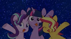 Size: 1200x660 | Tagged: safe, artist:ch-chau, derpibooru import, starlight glimmer, sunset shimmer, twilight sparkle, twilight sparkle (alicorn), alicorn, pony, unicorn, counterparts, cute, female, image, jpeg, looking at you, mare, night, open mouth, sky, smiling, starry night, stars, trio, twilight's counterparts
