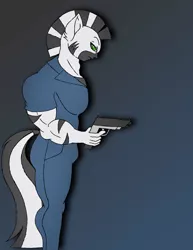 Size: 1024x1326 | Tagged: safe, artist:gh0stzr01, derpibooru import, oc, unofficial characters only, anthro, zebra, clothes, commission, digital art, gun, handgun, image, jpeg, looking at you, male, side view, simple background, solo, weapon, zebra oc