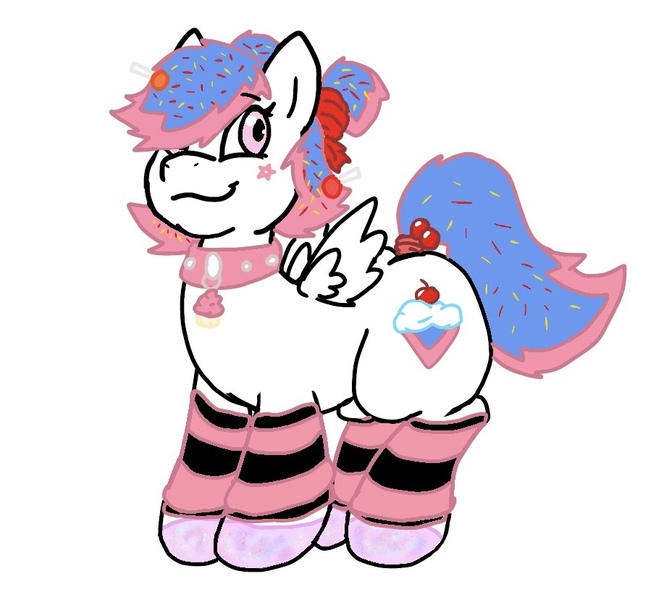 Size: 917x828 | Tagged: safe, derpibooru import, oc, oc:sugar rush (mlh), pegasus, pony, candy, clothes, collar, cupcake, cutie mark, female, food, hair tie, hoof polish, image, jpeg, licorice, lollipop, mare, my little harem, socks, sprinkles, stockings, thigh highs