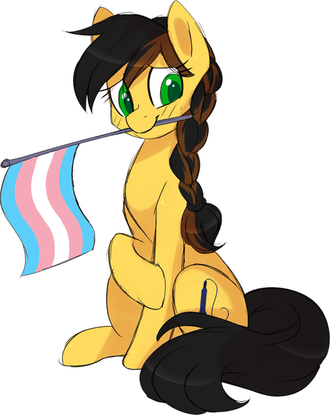 Size: 1632x2048 | Tagged: safe, artist:scarlet-spectrum, derpibooru import, oc, oc:aurora (stardust), unofficial characters only, earth pony, pony, embarrassed, flag, image, png, pride, pride flag, simple background, solo, transgender pride flag, white background