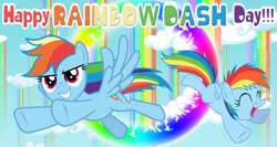 Size: 1605x853 | Tagged: safe, artist:ambassad0r, artist:cloudyglow, artist:korikian, artist:lachlancarr1996, artist:narflarg, derpibooru import, rainbow dash, pegasus, pony, cloud, eyes closed, female, filly, filly rainbow dash, flying, image, multeity, png, rainbow dash day, rainbow waterfall, sky, solo, sonic rainboom, younger