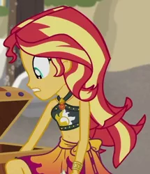 Size: 576x671 | Tagged: safe, derpibooru import, screencap, sunset shimmer, equestria girls, equestria girls series, x marks the spot, belly button, clothes, cropped, geode of empathy, image, magical geodes, png, sarong, sleeveless, solo, swimsuit