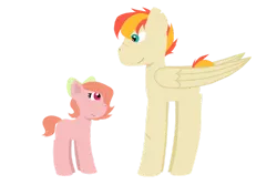 Size: 1280x854 | Tagged: safe, artist:meiodrama, derpibooru import, oc, oc:harvest peach, oc:sunburn, earth pony, pegasus, pony, blank flank, brother and sister, colt, cute, cute little fangs, fangs, female, filly, freckles, image, male, offspring, parent:big macintosh, parent:fluttershy, parents:fluttermac, png, siblings, simple background, transparent background