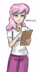 Size: 209x384 | Tagged: safe, artist:johnjoseco, derpibooru import, edit, cheerilee, human, clipboard, clothes, cropped, humanized, image, jpeg, pencil, simple background, solo, white background
