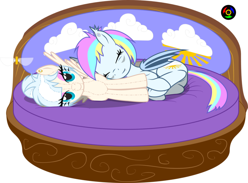 Size: 4974x3674 | Tagged: safe, artist:kyoshyu, derpibooru import, oc, oc:eclaircie clearing, oc:gallery dart, bat pony, pegasus, pony, bed, female, high res, image, mare, plushie, png, simple background, transparent background, vector