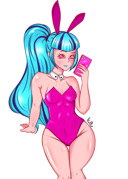 Size: 500x700 | Tagged: suggestive, alternate version, artist:kulkry, derpibooru import, sonata dusk, human, equestria girls, breasts, bunny suit, cleavage, clothes, female, humanized, image, jpeg, mobile phone, phone, playboy bunny, smartphone, solo, solo female, thighs