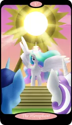 Size: 1500x2591 | Tagged: safe, artist:sixes&sevens, derpibooru import, part of a set, night light, princess celestia, twilight velvet, alicorn, unicorn, image, major arcana, png, raising the sun, stairs, sun, tarot card, the hierophant