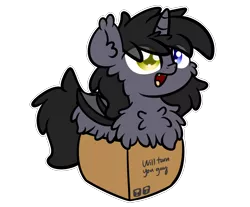 Size: 3250x2688 | Tagged: safe, artist:kimjoman, derpibooru import, oc, oc:astral gazer, unofficial characters only, alicorn, bat pony, pony, alicorn oc, bat wings, box, chest fluff, cute, fluffy, happy, heterochromia, horn, image, male, png, pony in a box, simple background, solo, stallion, transparent background, wings