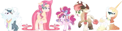 Size: 1280x334 | Tagged: safe, artist:blizzard-queen, derpibooru import, applejack, fluttershy, pinkie pie, rainbow dash, rarity, cow, cow pony, hybrid, pony, amputee, bow, braid, cloven hooves, cowboy hat, flower, flower in hair, freckles, goggles, hair bow, hat, height difference, horn, horns, image, long horn, peytral, png, prosthetic leg, prosthetic limb, prosthetics, redesign, shoulder freckles, simple background, species swap, transparent background