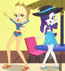 Size: 1210x1329 | Tagged: safe, derpibooru import, screencap, applejack, rarity, equestria girls, equestria girls series, i'm on a yacht, spoiler:eqg series (season 2), applejack's beach shorts swimsuit, beach shorts swimsuit, belly button, bikini, bikini bottom, bikini top, chair, clothes, cropped, cute, dancing, duo, feet, female, flip-flops, geode of empathy, geode of shielding, geode of sugar bombs, geode of super speed, geode of super strength, geode of telekinesis, hat, image, jackabetes, looking at you, magical geodes, needs more jpeg, png, raribetes, rarity's beach shorts swimsuit, sandals, sarong, sexy, sun hat, swimsuit