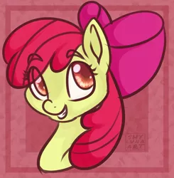 Size: 1280x1305 | Tagged: safe, artist:shylunaart, derpibooru import, apple bloom, earth pony, pony, adorabloom, bust, cute, eye clipping through hair, eyebrows visible through hair, female, filly, image, jpeg, portrait, smiling, solo