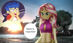 Size: 4096x2384 | Tagged: suggestive, artist:aryatheeditor, derpibooru import, edit, edited screencap, screencap, flash sentry, sunset shimmer, equestria girls, spring breakdown, adorasexy, beach, bedroom eyes, belly, belly button, bikini, bikini top, blushing, boob window, breasts, cleavage, clothes, cute, derpibooru exclusive, digital art, ethereal mane, female, flashimmer, flower, geode of empathy, image, looking at you, magical geodes, male, outfit, photo, png, real life background, sarong, sexy, shimmerbetes, shipping, skirt, sleeveless, speech bubble, starry eyes, starry mane, straight, sunset, swimsuit, vulgar, wallpaper, wingding eyes