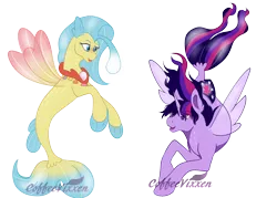 Size: 1400x1000 | Tagged: safe, artist:coffeevixxen, derpibooru import, princess skystar, twilight sparkle, twilight sparkle (alicorn), alicorn, pony, seapony (g4), my little pony: the movie, bioluminescent, blue eyes, colored wings, dorsal fin, female, fin wings, fins, fish tail, flowing mane, flowing tail, freckles, horn, image, jewelry, looking at each other, necklace, open mouth, pearl necklace, png, purple eyes, seaponified, seapony twilight, seashell, seashell necklace, simple background, smiling, species swap, swimming, tail, transparent background, watermark, wings