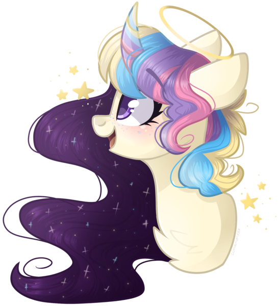 Size: 1508x1653 | Tagged: safe, artist:cinnamontee, derpibooru import, oc, oc:supernova, pony, unicorn, bust, female, halo, image, mare, png, portrait, simple background, solo, transparent background