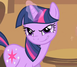 Size: 592x516 | Tagged: safe, derpibooru import, screencap, twilight sparkle, pony, unicorn, a bird in the hoof, season 1, >:), evil grin, female, gif, glowing horn, grin, horn, image, magic, mare, ominous, pure unfiltered evil, rapeface, smiling, smirk, solo, unicorn twilight