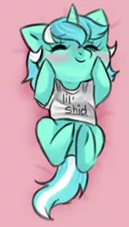 Size: 2203x3874 | Tagged: safe, artist:fluffleart, derpibooru import, lyra heartstrings, pony, unicorn, background pony, blushing, clothes, cute, eyes closed, female, high res, hnnng, image, l.u.l.s., lying down, lyrabetes, mare, on back, png, shirt, solo, t-shirt, u lil shid