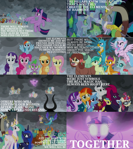 Size: 976x1097 | Tagged: safe, derpibooru import, edit, edited screencap, editor:quoterific, screencap, applejack, chancellor neighsay, cornicle, cozy glow, discord, firelight, flash magnus, fluttershy, gallus, grampa gruff, lemon hearts, lord tirek, lyra heartstrings, meadowbrook, minuette, mistmane, moondancer, night light, ocellus, party favor, pharynx, pinkie pie, pokey pierce, prince rutherford, princess celestia, princess ember, princess luna, queen chrysalis, rainbow dash, rarity, rockhoof, sandbar, sea swirl, seafoam, seaspray, silverstream, smolder, somnambula, soupling, spike, star swirl the bearded, starlight glimmer, stellar flare, sunburst, tempest shadow, terramar, thorax, trixie, twilight sparkle, twilight sparkle (alicorn), twilight velvet, twinkleshine, yona, alicorn, changedling, changeling, dragon, earth pony, gryphon, hippogriff, pegasus, pony, unicorn, yak, the ending of the end, arguments on the comments, dragoness, duckery in the comments, female, glowing eyes, image, king thorax, mane six, open mouth, pillars of equestria, png, prince pharynx, student six, winged spike