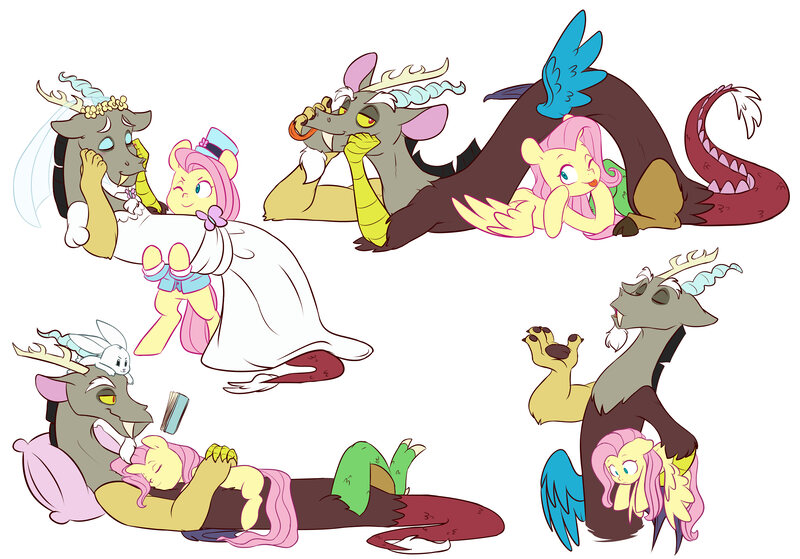 Size: 8327x5816 | Tagged: safe, artist:chub-wub, derpibooru import, discord, fluttershy, draconequus, pegasus, pony, absurd resolution, bridal carry, carrying, clothes, crossdressing, cuddling, cute, discoshy, dress, female, hat, holding a draconequus, holding a pony, hoof on chin, image, jpeg, looking at someone, lying down, male, mare, on back, one eye closed, prone, reading, role reversal, shipping, simple background, spread wings, straight, tongue out, top hat, wedding dress, white background, wings, wink