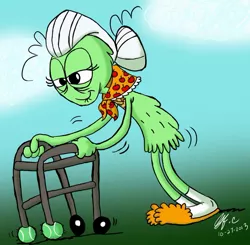 Size: 903x885 | Tagged: safe, artist:spongefox, derpibooru import, granny smith, alien, earth pony, pony, clothes, crossover, image, jpeg, slippers, solo, tennis ball, walker, wander over yonder